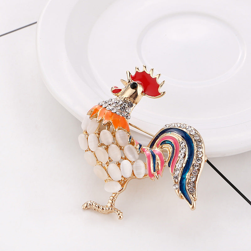 Colorful Rooster Pin on Black Background