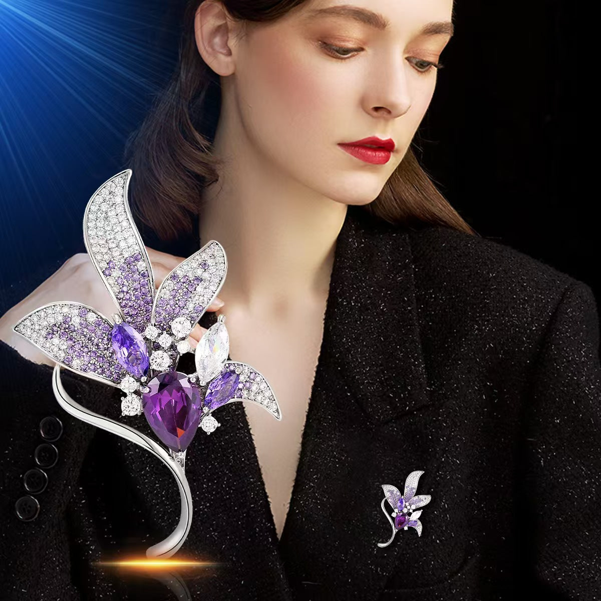 Zinc alloy flower brooch worn on a dress