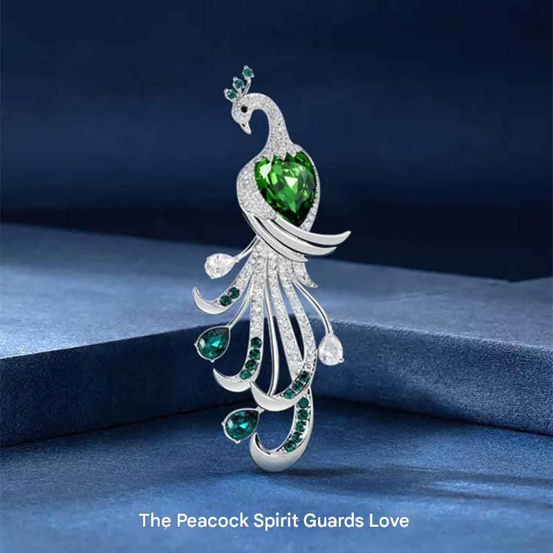 Stylish green zircon peacock brooch on model image 2