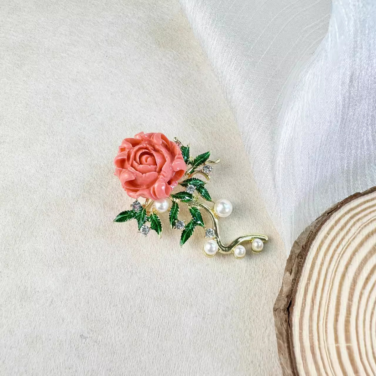 Stylish peony brooch pinned on a jacket