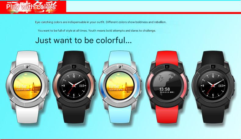 V8 Smartwatch in blue color on a desk