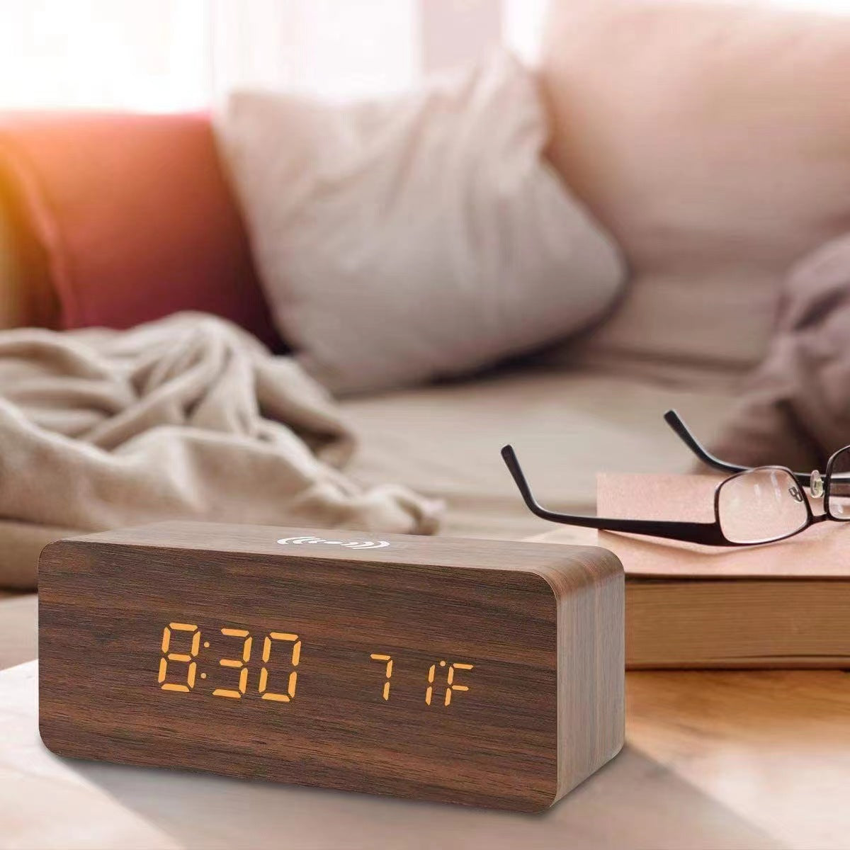 Modern wooden alarm clock displaying time and temperature
