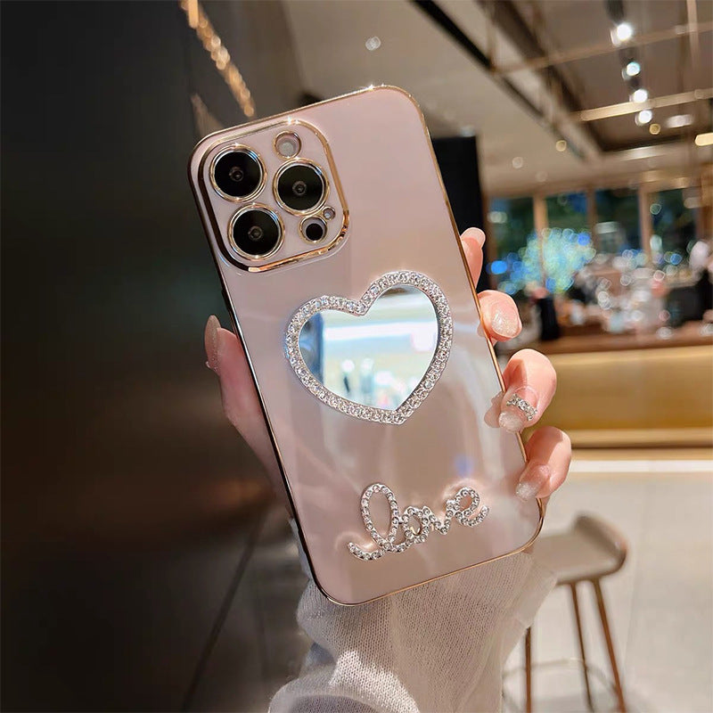 Stylish Heart Mirror TPU Phone Case for iPhone 15 Series - Bling Crystal Design