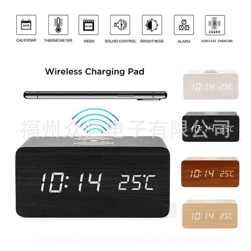 Digital clock with large LED display in dark wood
