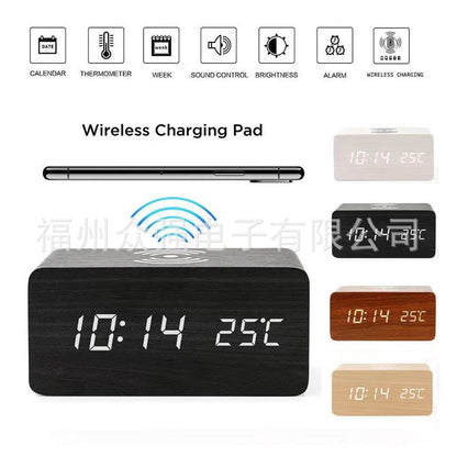 Digital clock with large LED display in dark wood