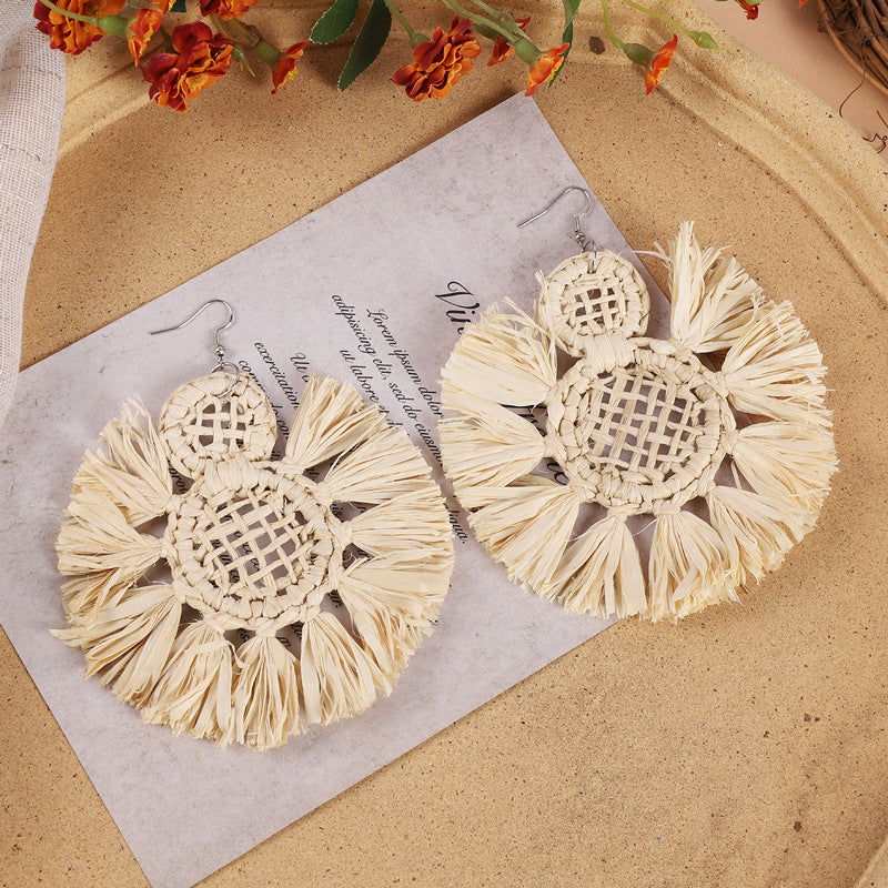 Geometric woven earrings in colorful pattern