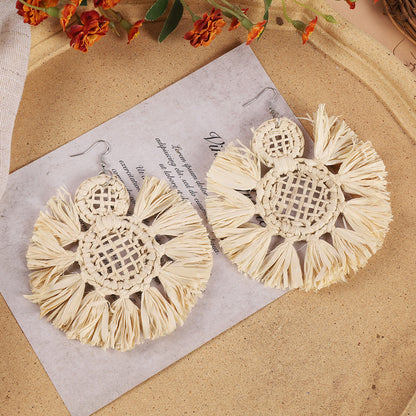 Geometric woven earrings in colorful pattern