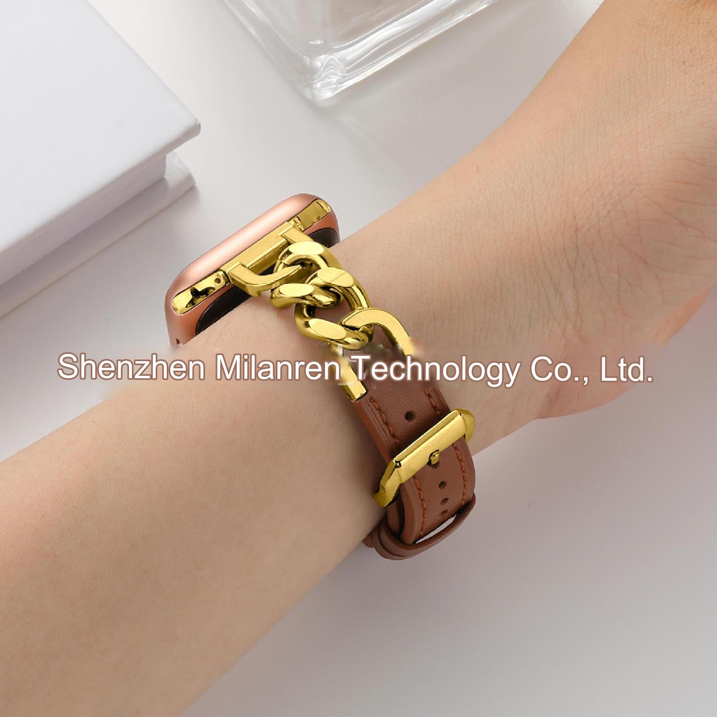 Stylish Leather Chain Link Band for Apple Watch Series 9, 8, 7, SE - Premium Denim Style - Compatible with Various Sizes