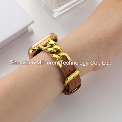 Stylish Leather Chain Link Band for Apple Watch Series 9, 8, 7, SE - Premium Denim Style - Compatible with Various Sizes