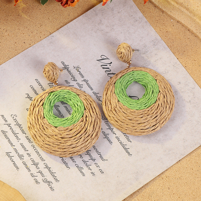 Geometric woven earrings in colorful pattern