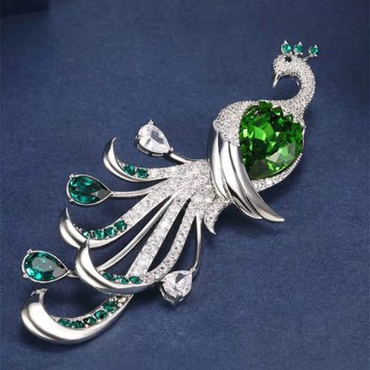 Close-up view of green peacock brooch showing detail image 3