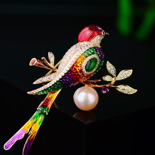 Chic Enamel Magpie Brooch displayed on fabric