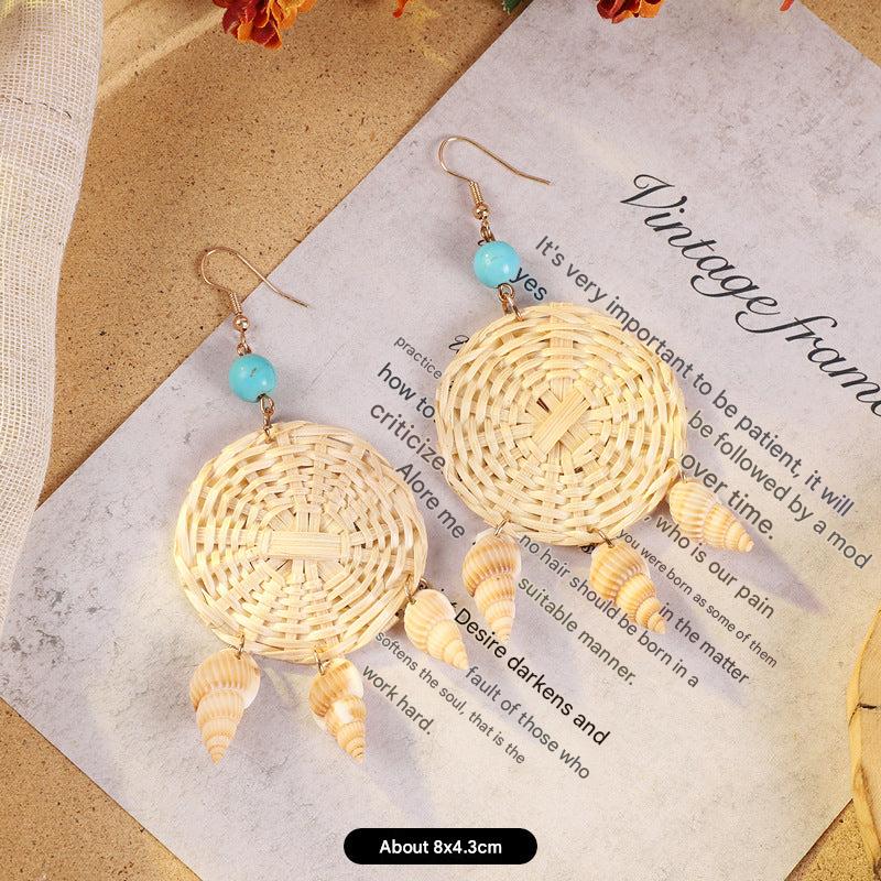 Geometric woven earrings in colorful pattern