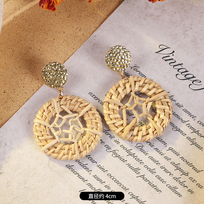 Geometric woven earrings in colorful pattern