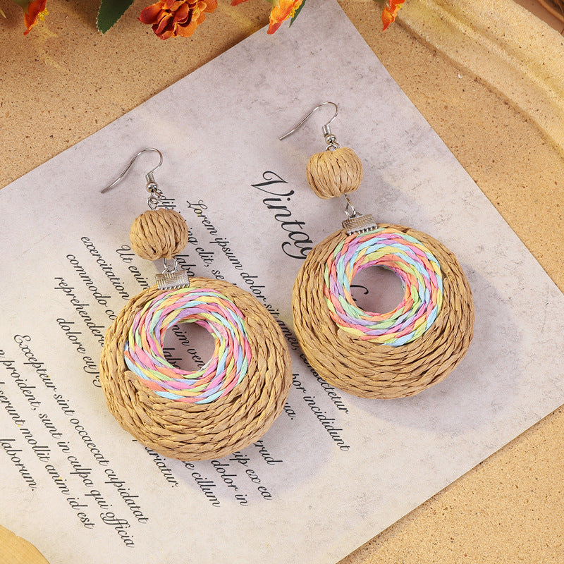 Geometric woven earrings in colorful pattern