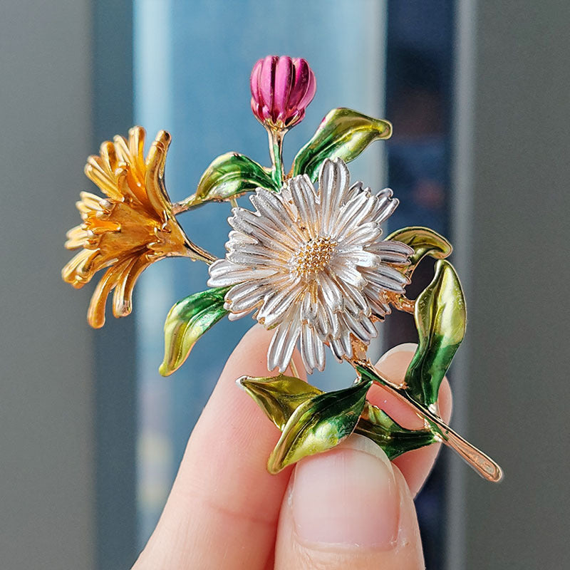 Vibrant Floral Enamel Brooch Pin Pink-White
