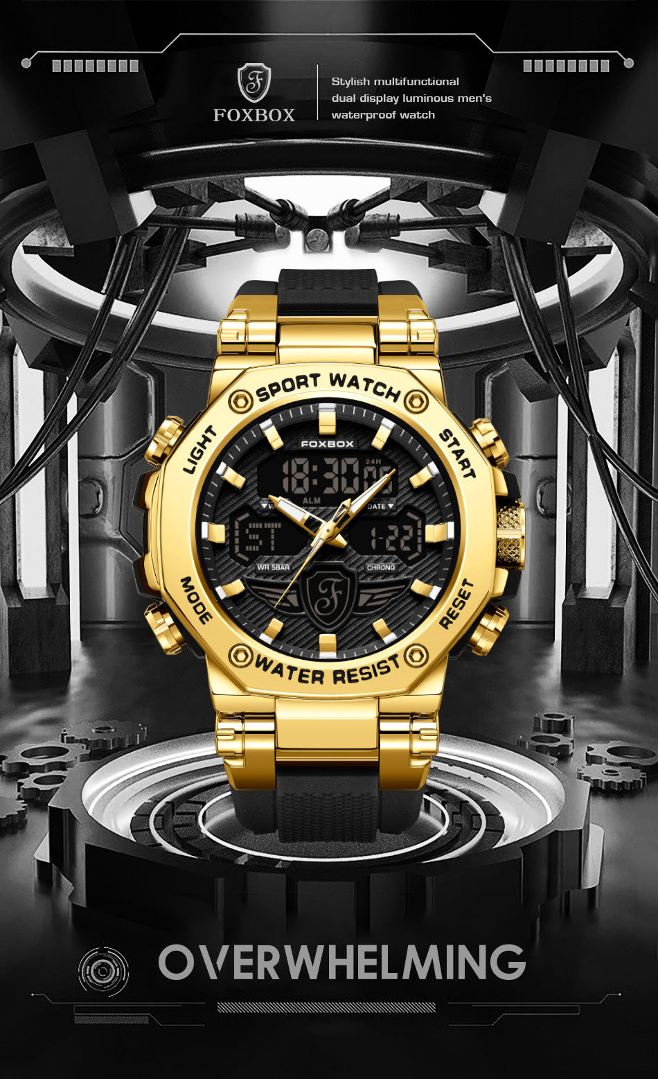 Sporty design waterproof watch in black