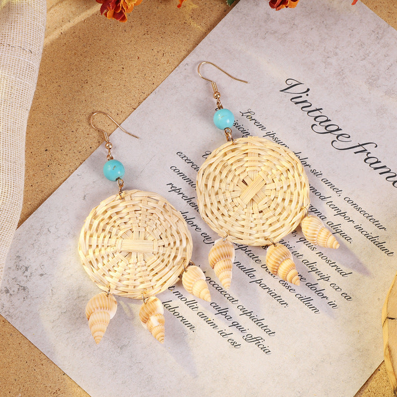 Geometric woven earrings in colorful pattern