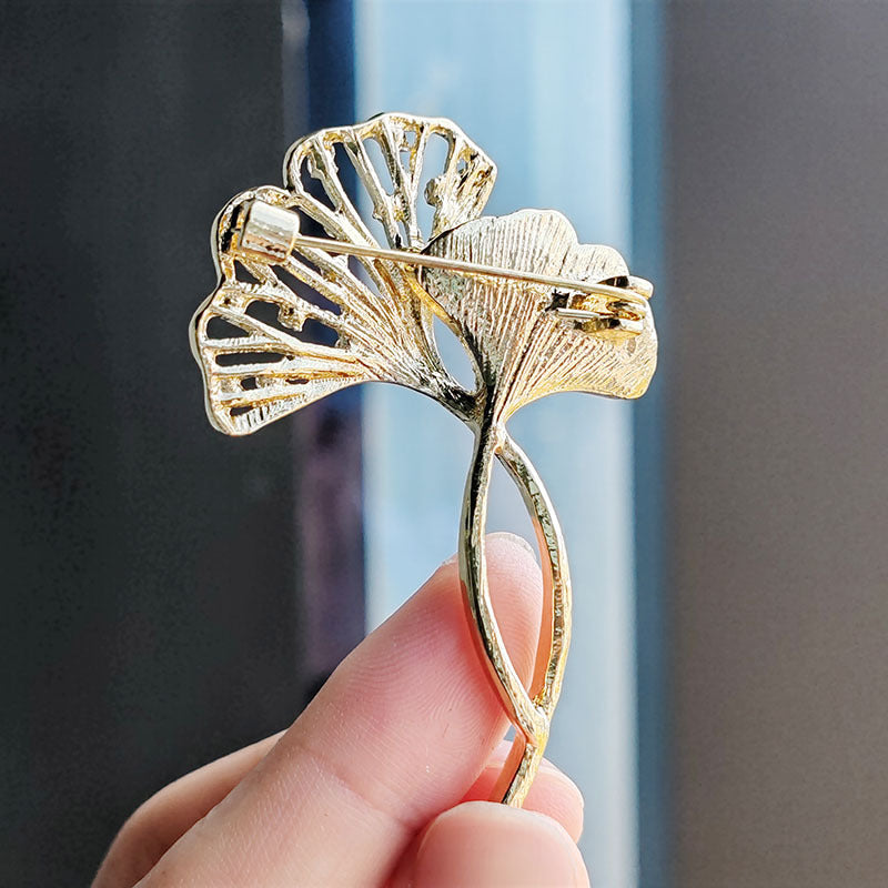 Close-up of designer Ginkgo Leaf Brooch showing crystal details