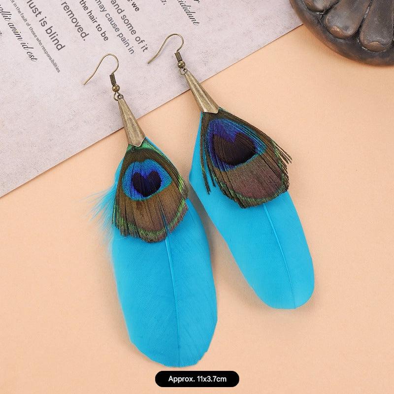 Bohemian Peacock Feather Tassel Earrings - Image 1