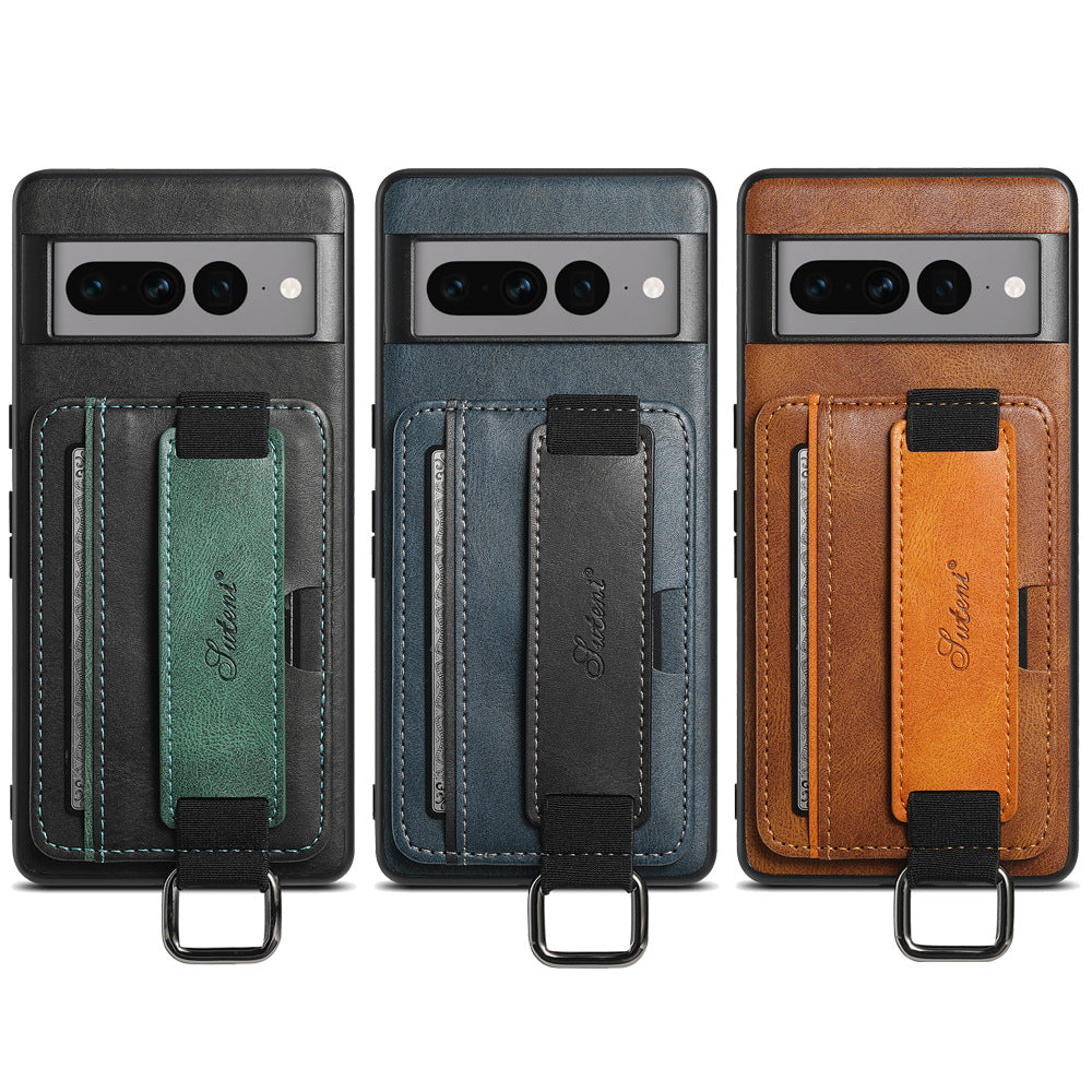 Suteni Stylish PU+TPU Card Slot Case for Google Pixel & iPhone - Multifunctional with Stand & Wrist Strap