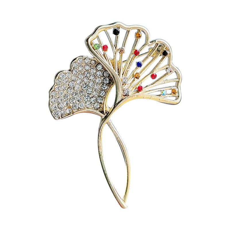 Close-up of designer Ginkgo Leaf Brooch showing crystal details