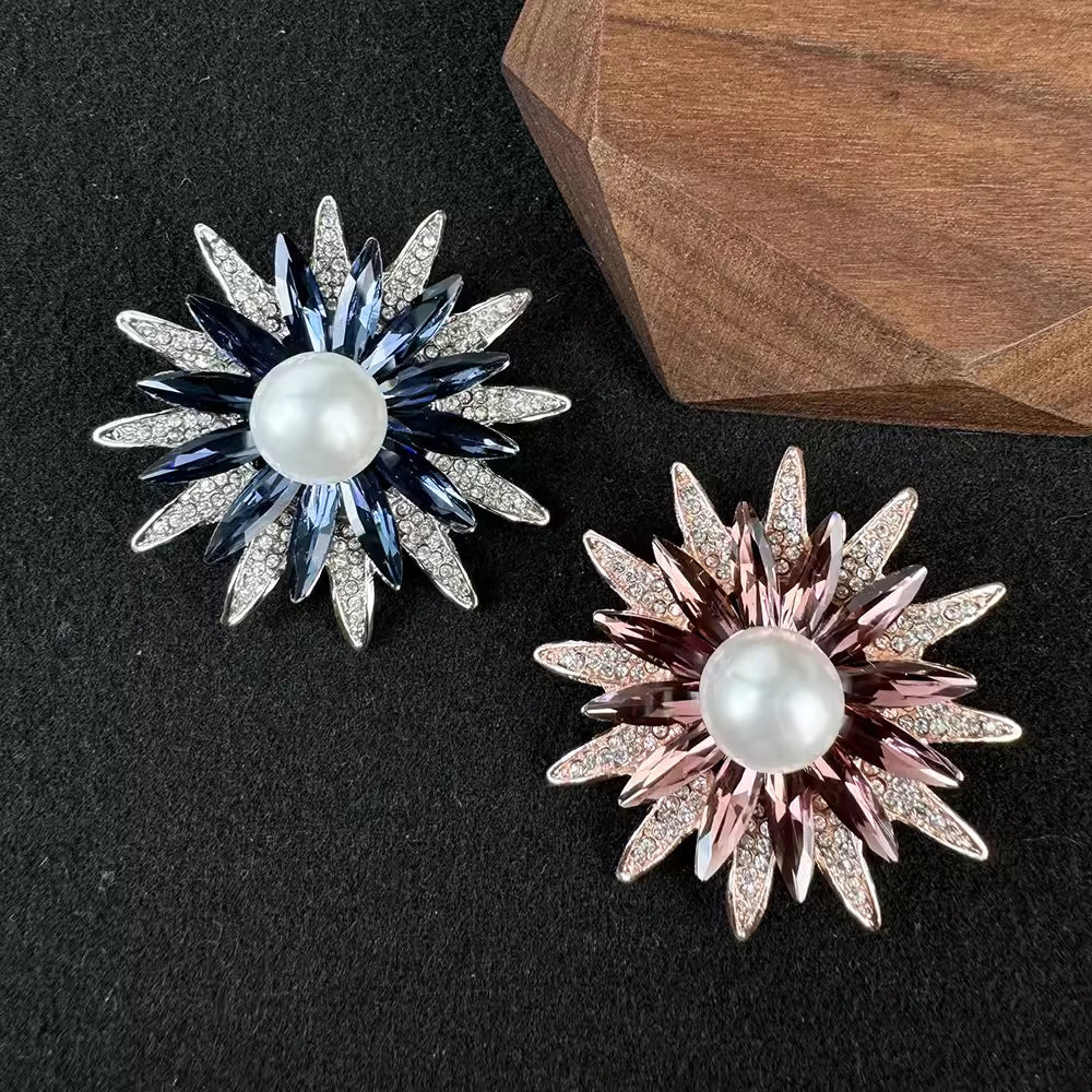 chic flower brooch pin with crystals and pearls