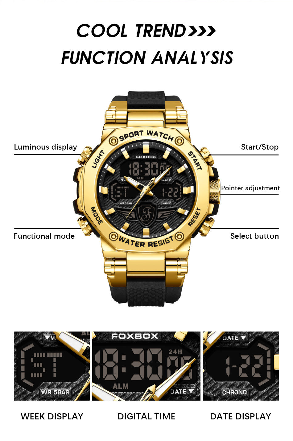 Silicone strap waterproof watch side view