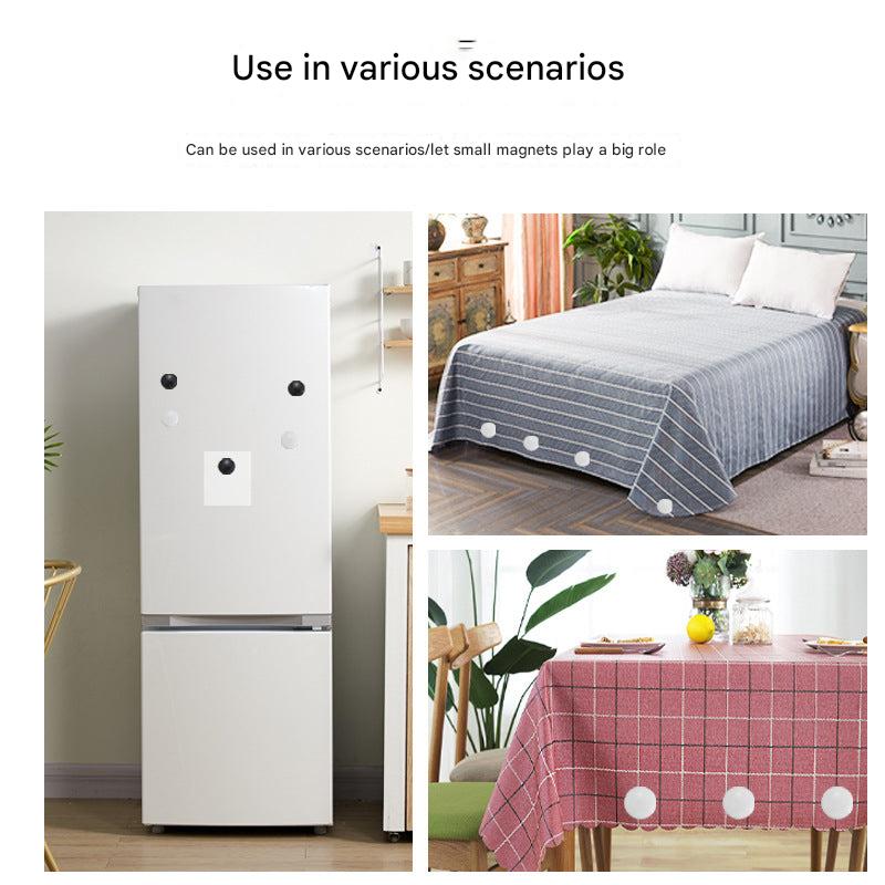 Products displayed with magnetic curtain weights