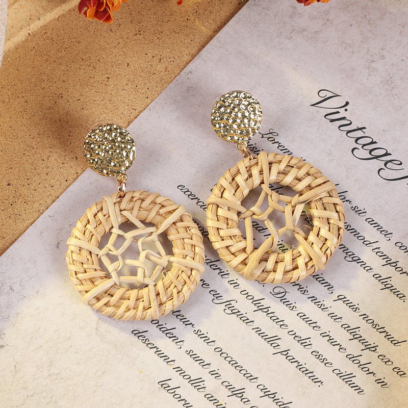 Geometric woven earrings in colorful pattern